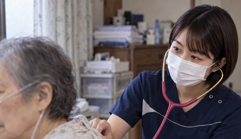マスクを着用した看護師が利用者さまの背中を聴診する様子