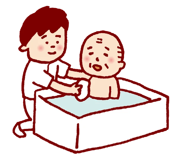 利用者さまの身体を支えながら洗う入浴介助のイラスト
