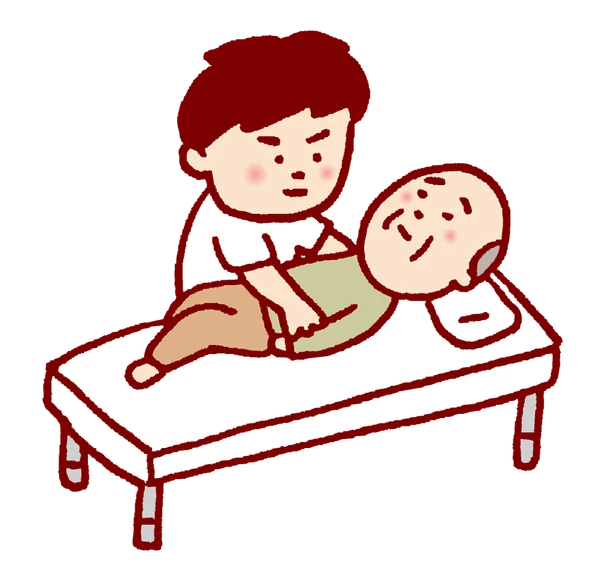 ベッド上で利用者さまの身体を支えながら運動を援助する療法士のイラスト