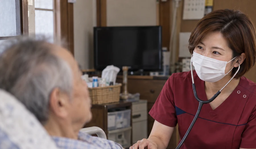 マスクを着用した看護師が利用者さまの体調を聴診で確認する様子