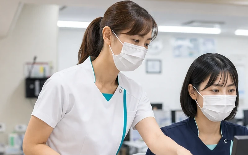 先輩看護師が電子記録を見ながら後輩看護師に説明する様子