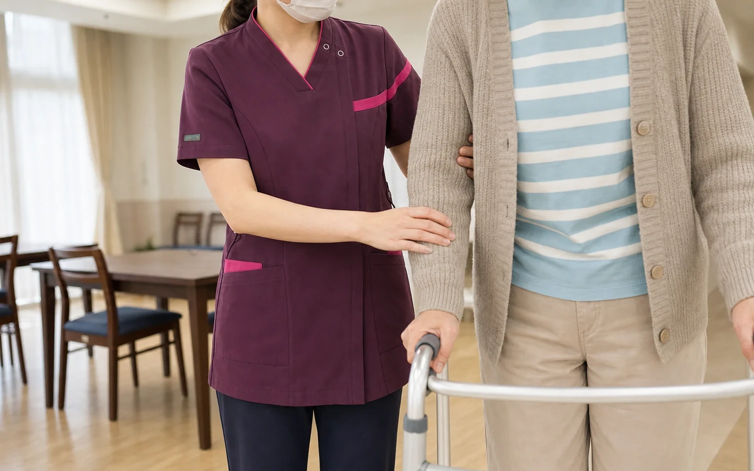 歩行器を使う患者さまを支える介護職員
