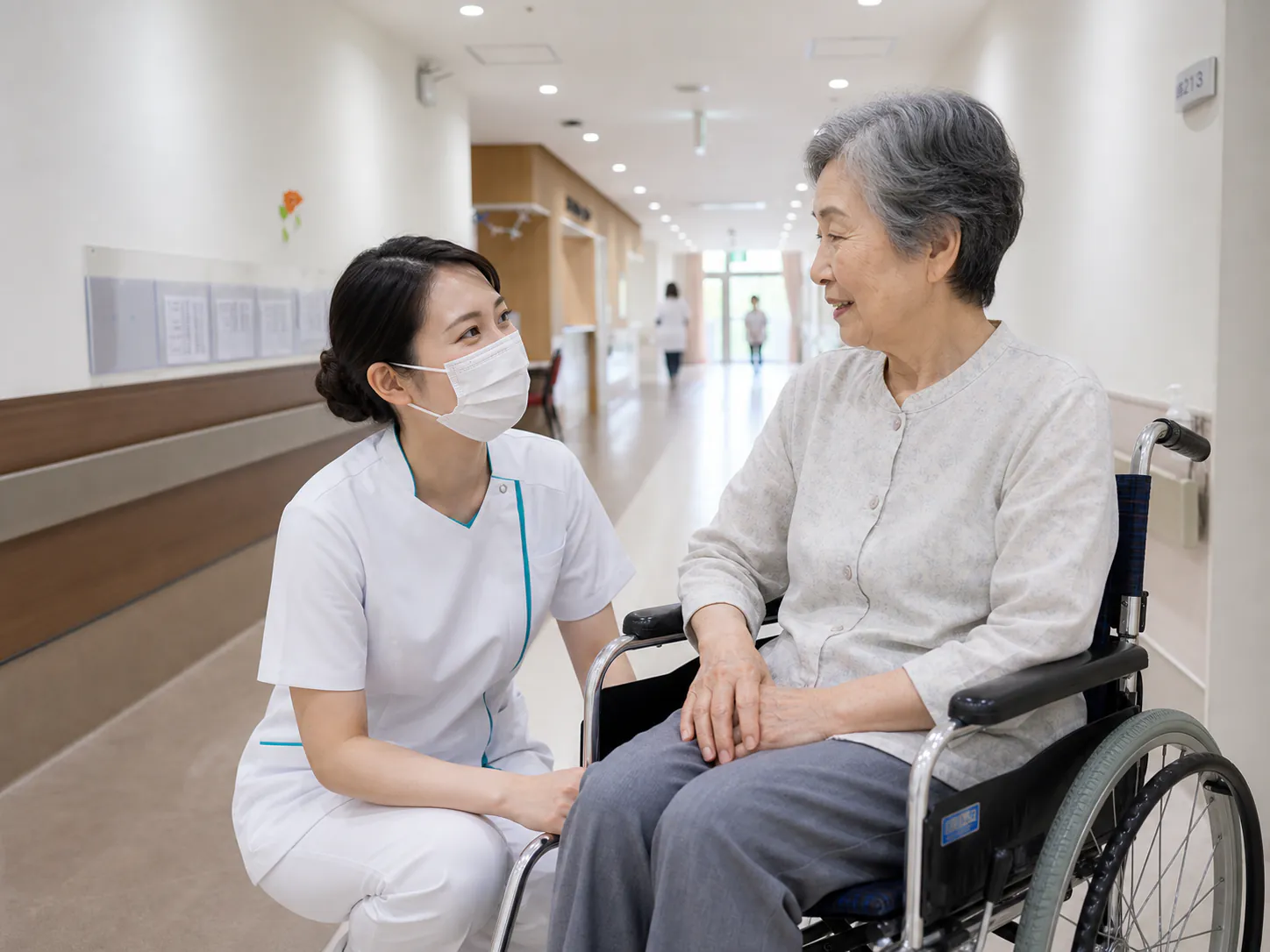 院内の廊下で車いすの患者さんを支える看護師