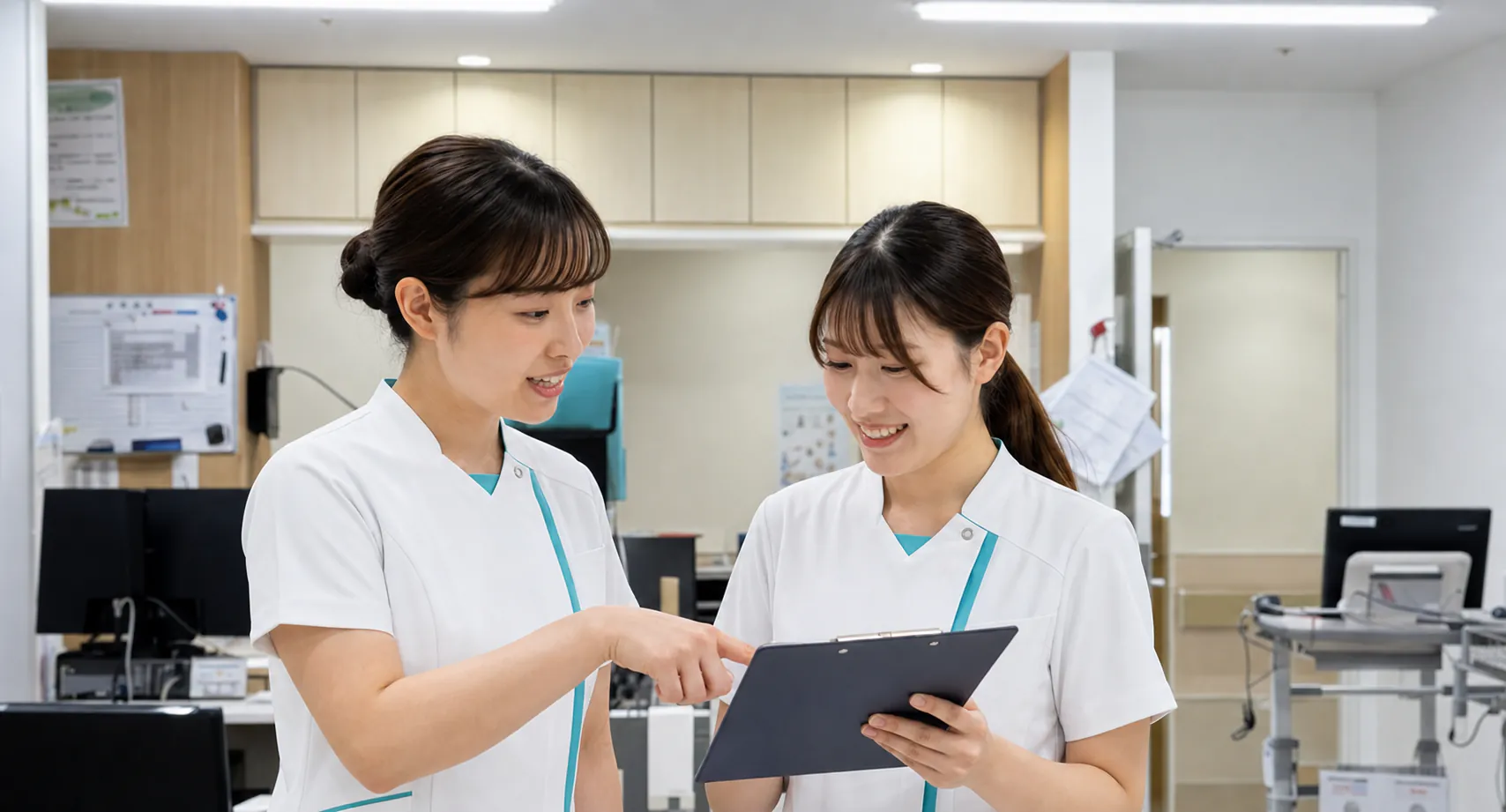 先輩看護師が後輩看護師に業務を説明する様子