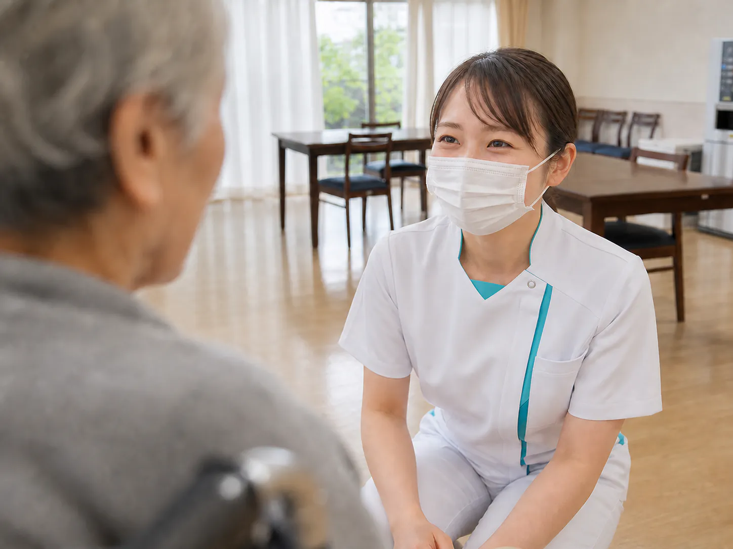 患者さんと目線を合わせて話す看護師