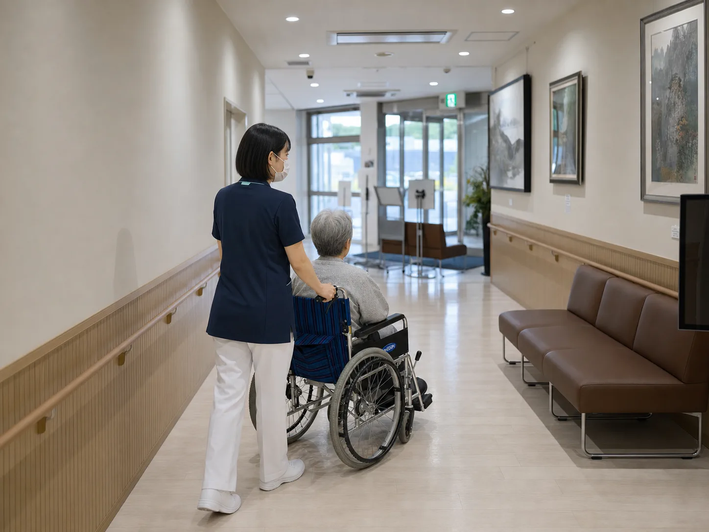 看護師が車椅子の患者さまを院内で支援する様子