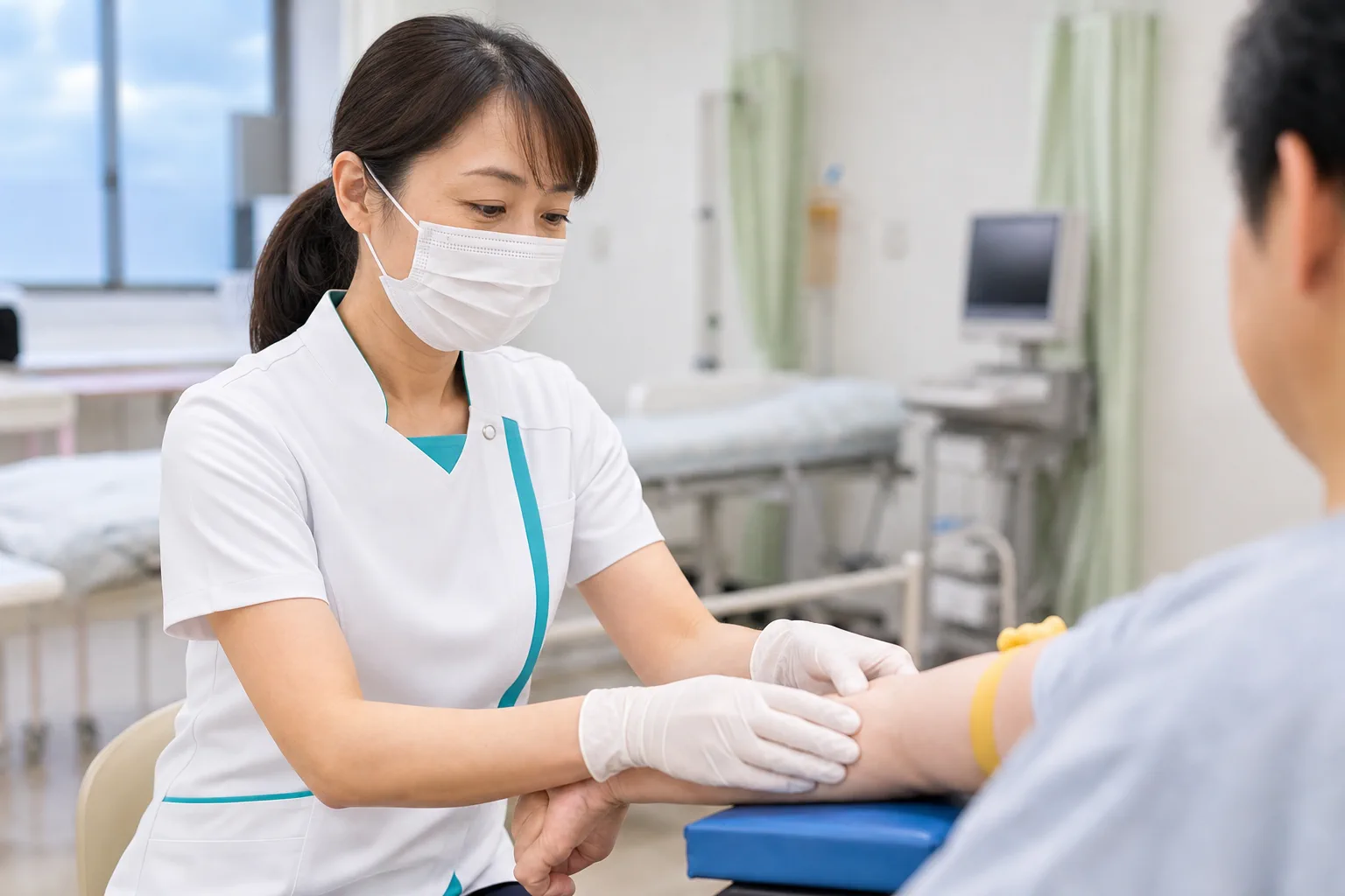 患者さまの腕をケアする看護師