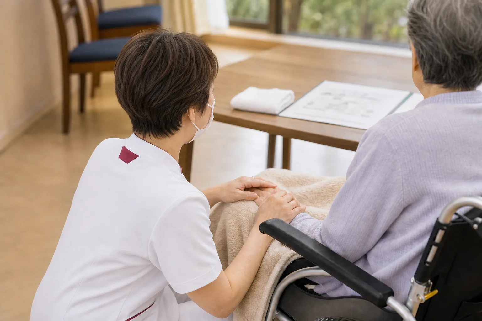 患者さまに寄り添う看護部長の後ろ姿