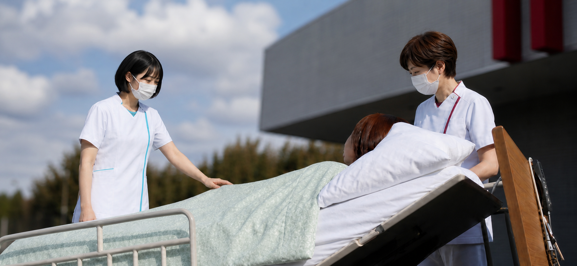 病院の外でベッドに乗った患者さまを見守る看護師