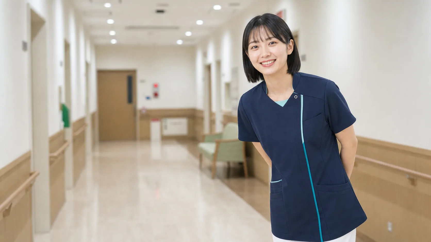 廊下で見学者を迎える看護師